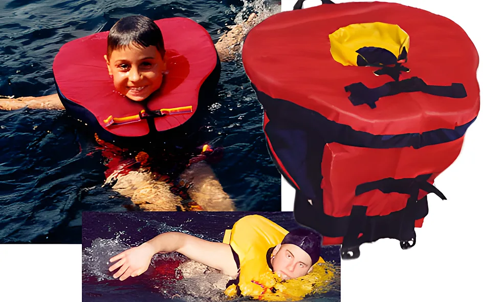Lj-A adapted life jacket: child swimming with the head out of the water, with product views