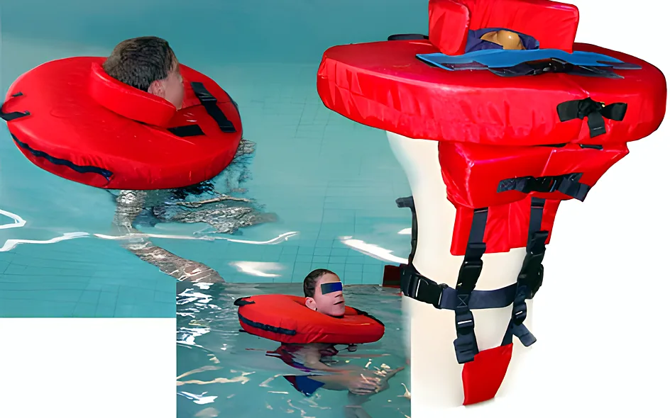 Lj-V vertical life jacket: user upright in the pool, with product views