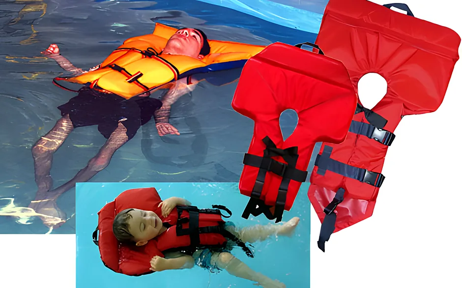 PFD-A adapted life jacket: adult floating on his back in a pool, with product views